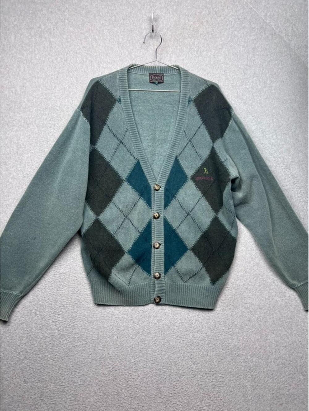 VTG Hugo Boss Twenty Argyle Cardigan Made Italy 80% Wool Sage Grandpa Core M